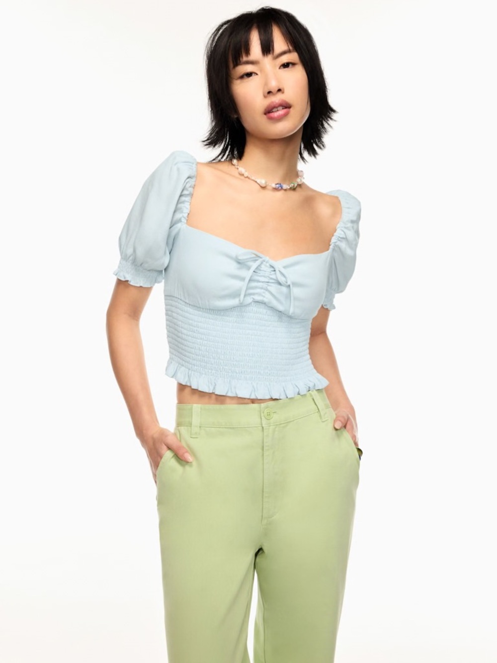 Aritzia Sun-Deh Light Blue Smocked Crop Top